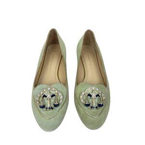 Charlotte Olympia Zodiac Libra Crystal Embellished Mint Suede Women's 7.5 Flats